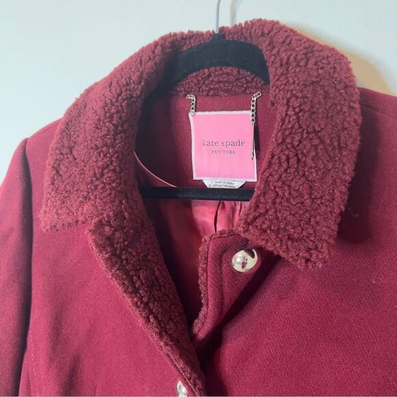 Kate Spade Faux Shearling Trim Lipstick Red Wool Blend Peacoat Size Large - Picture 8 of 14